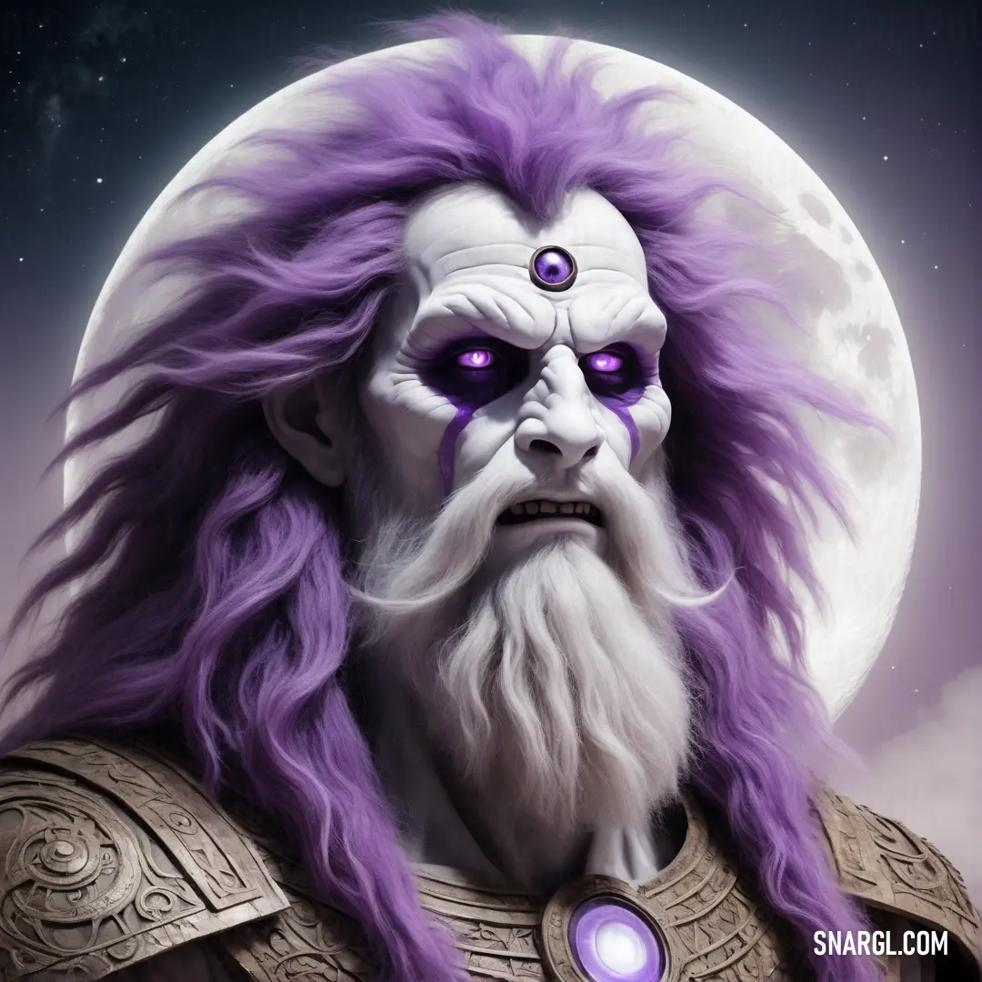 Painting of a man with purple hair and a beard with a moon in the background