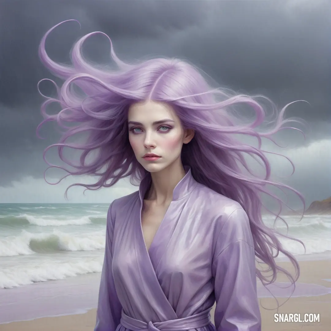 Painting of a woman with purple hair on a beach with a storm in the background and a dark sky
