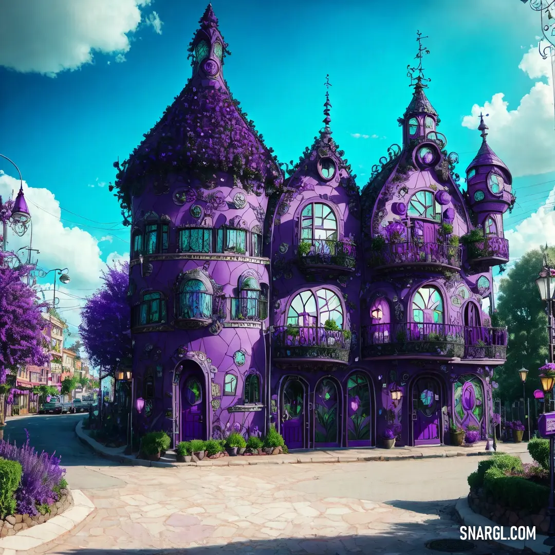 Purple building with a lot of windows and a lot of plants on the outside of it and a sky background