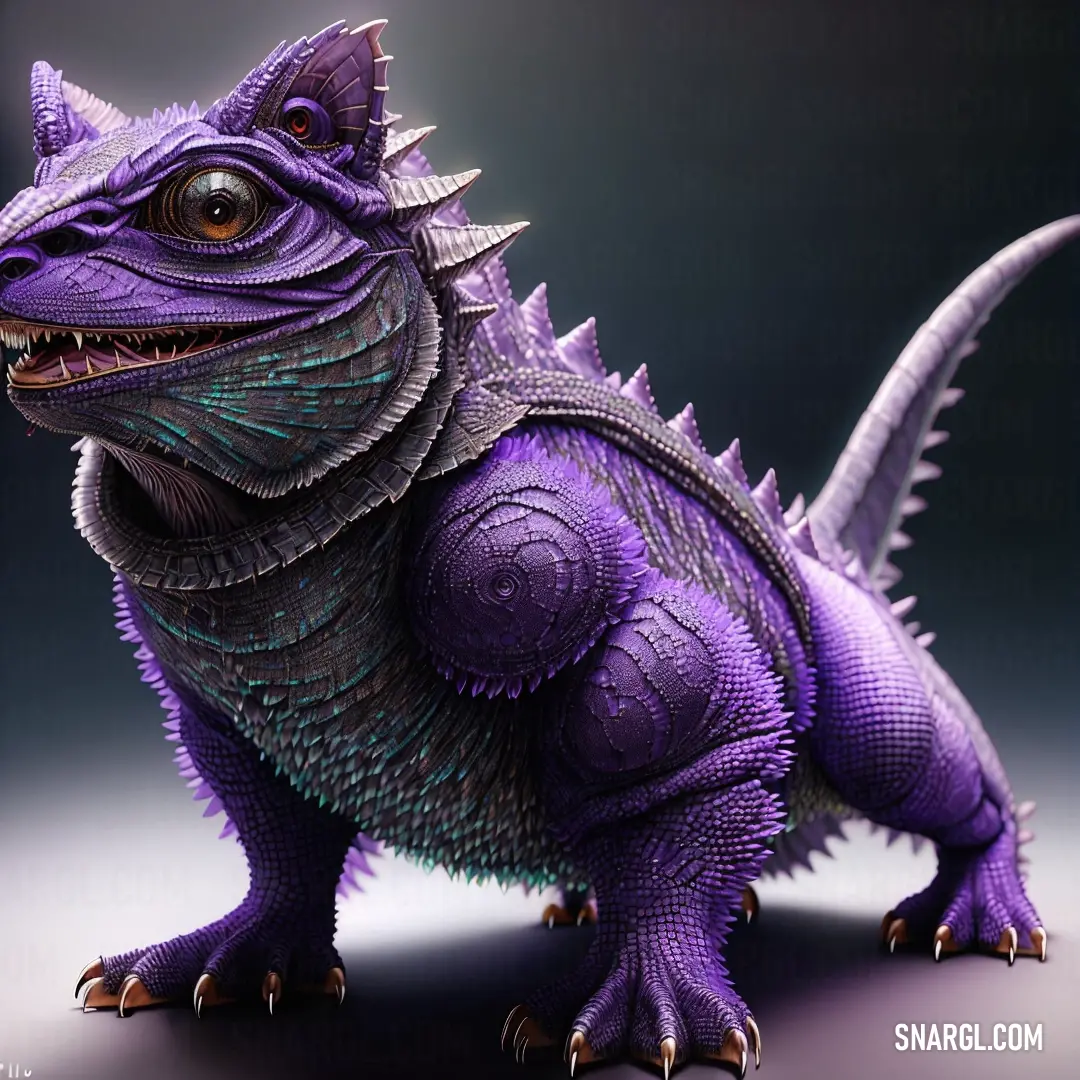 Purple dinosaur with spikes on its head and a black background