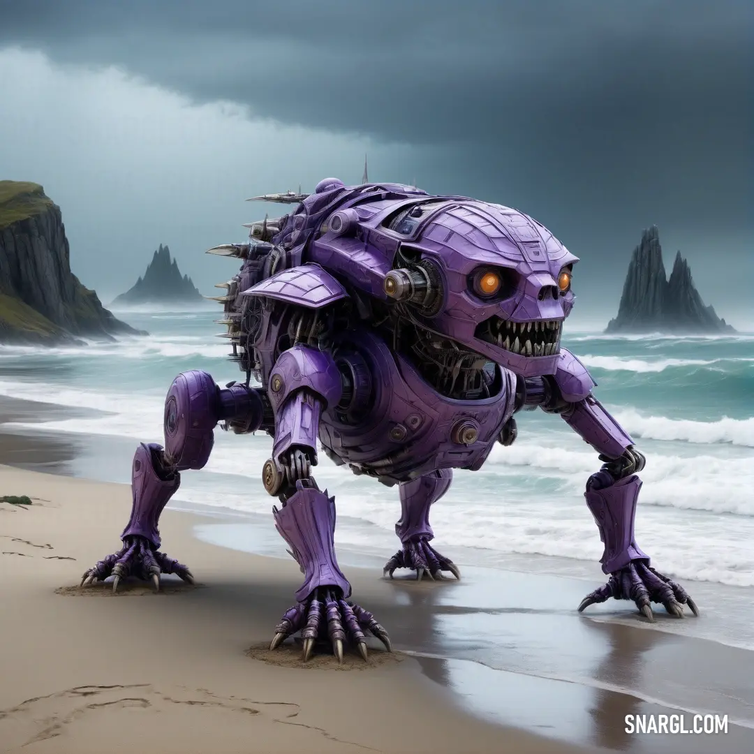 Purple robot is walking on the beach near the water and rocks in the background