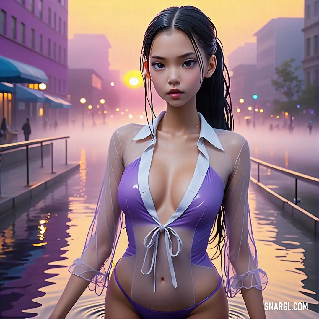 Woman in a purple bikini standing in a pool of water at sunset with buildings in the background. Color RGB 150,111,214.