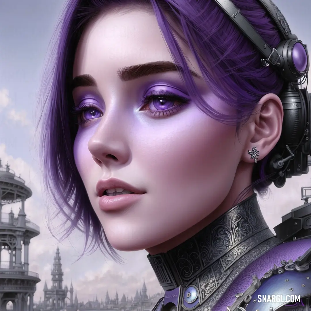 Woman with purple hair and headphones on her head and a clock tower in the background