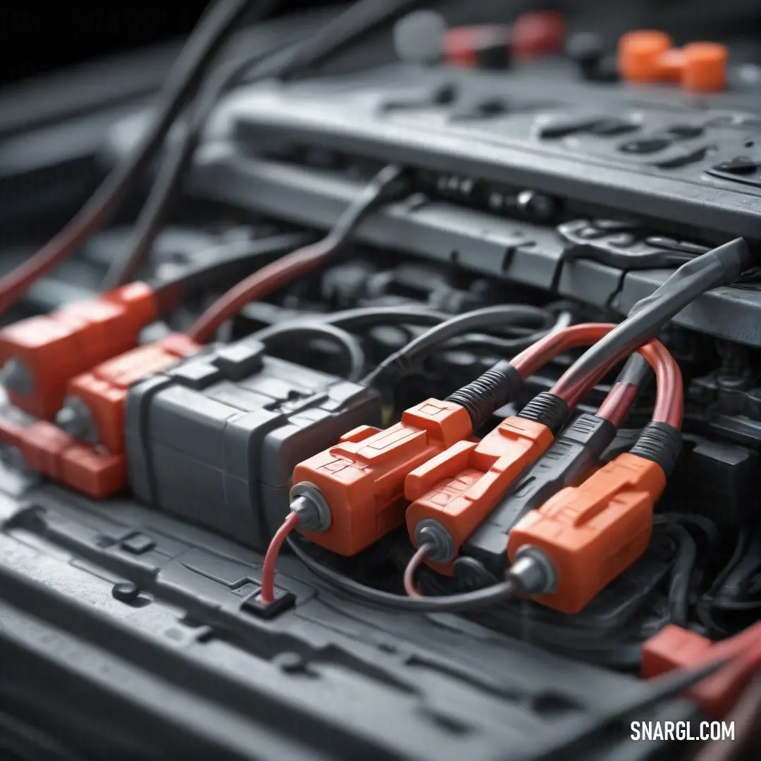 Close up of a bunch of wires and wires in a box with wires attached to it. Color RGB 194,59,34.