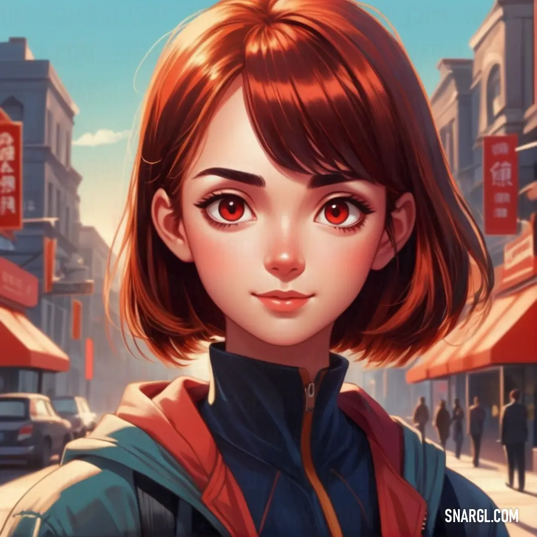 Girl with red eyes and a red jacket on a city street with buildings and people in the background. Color CMYK 0,70,82,24.