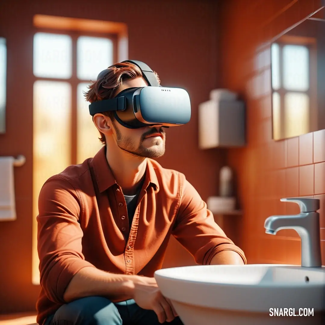 Man wearing a virtual reality headset in a bathroom sink while looking at the sink and mirror. Color RGB 194,59,34.