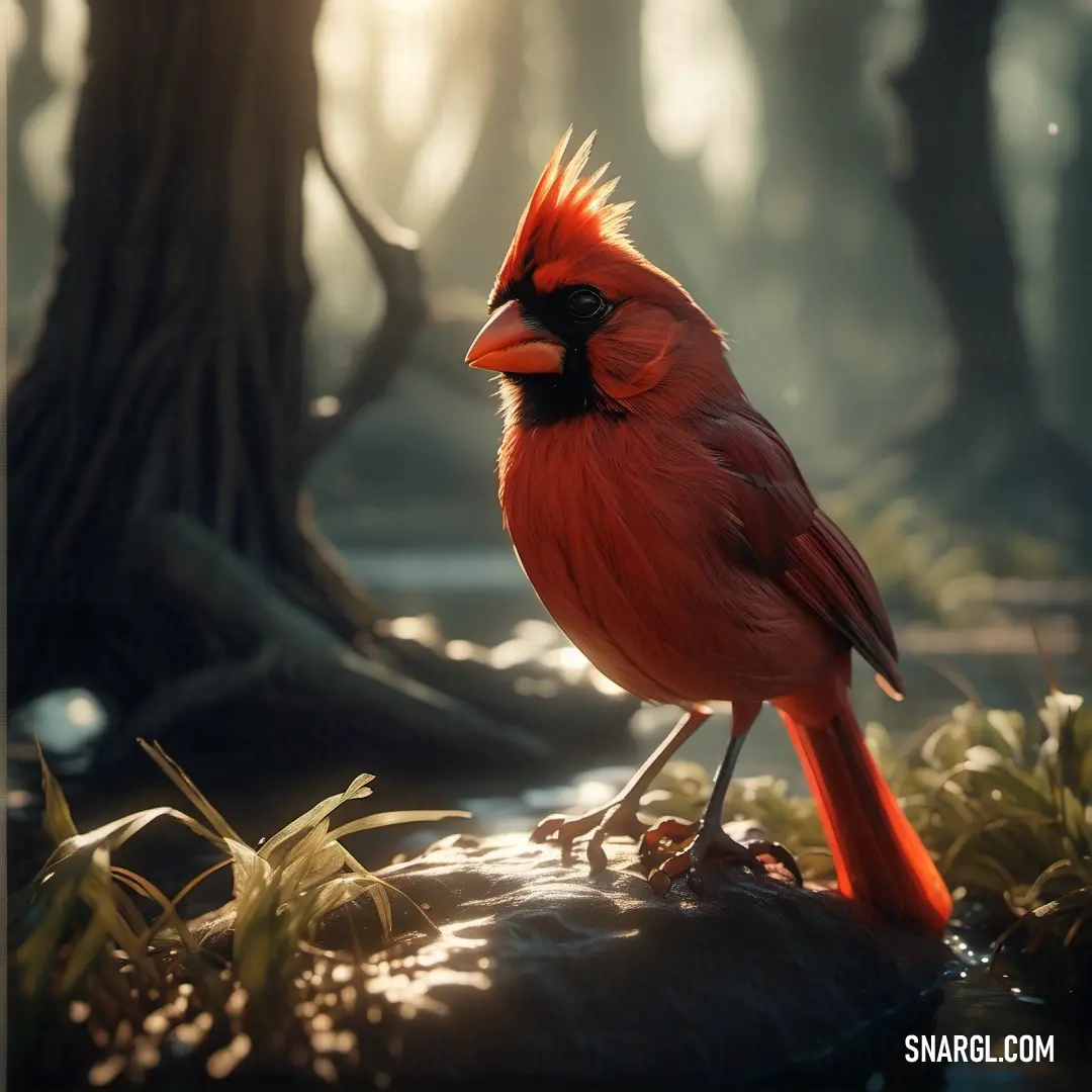 Dark pastel red color example: Red bird with a black face and a red beak standing on a rock in a forest with grass and trees