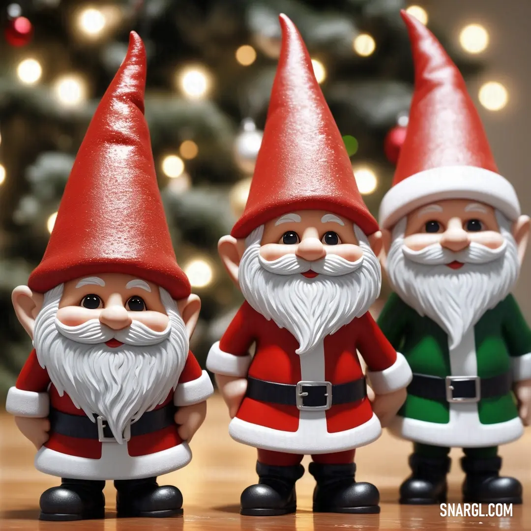 Three gnomes are standing next to a christmas tree. Color Dark pastel red.