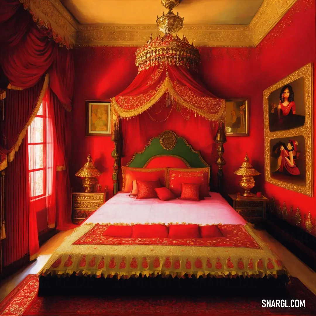 Red bedroom with a bed and a chandelier hanging from the ceiling and paintings on the walls