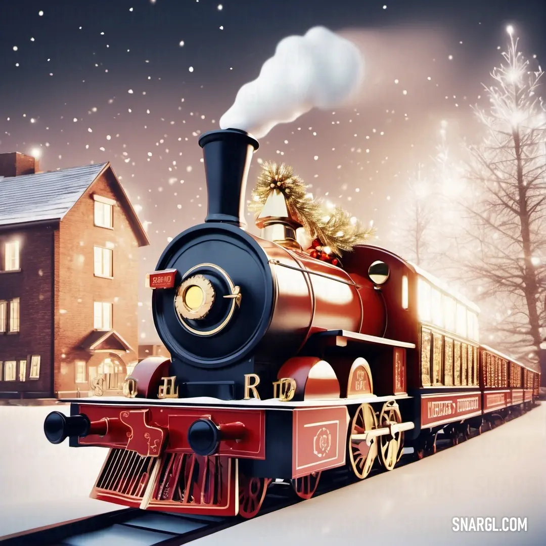 Train with a santa clause on the front of it traveling down the tracks in the snow. Example of #C23B22 color.
