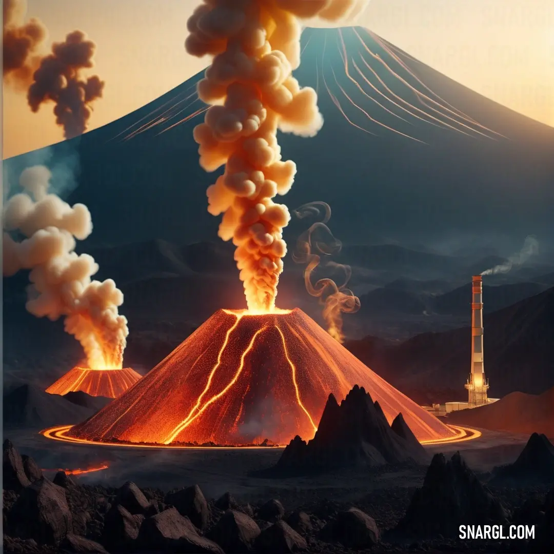 Volcano with a lot of smoke coming out of it's top and a tower in the distance. Color #C23B22.