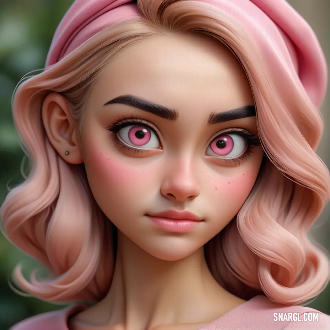 Dark Peach color example: Close up of a doll with pink hair and pink eyes and a pink hat on her head