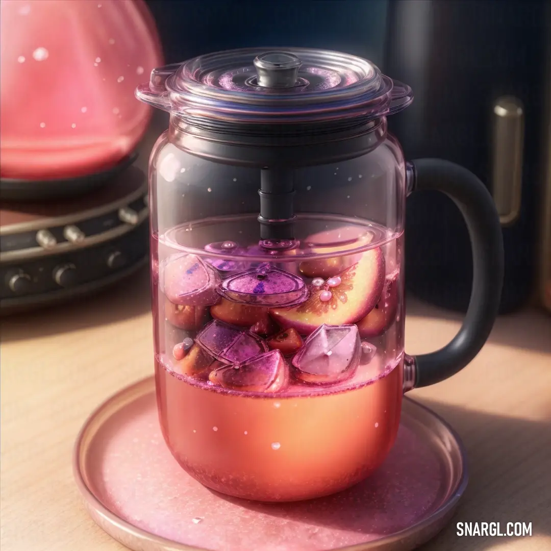 Jar filled with lots of purple liquid on top of a table next to a plate with a cup