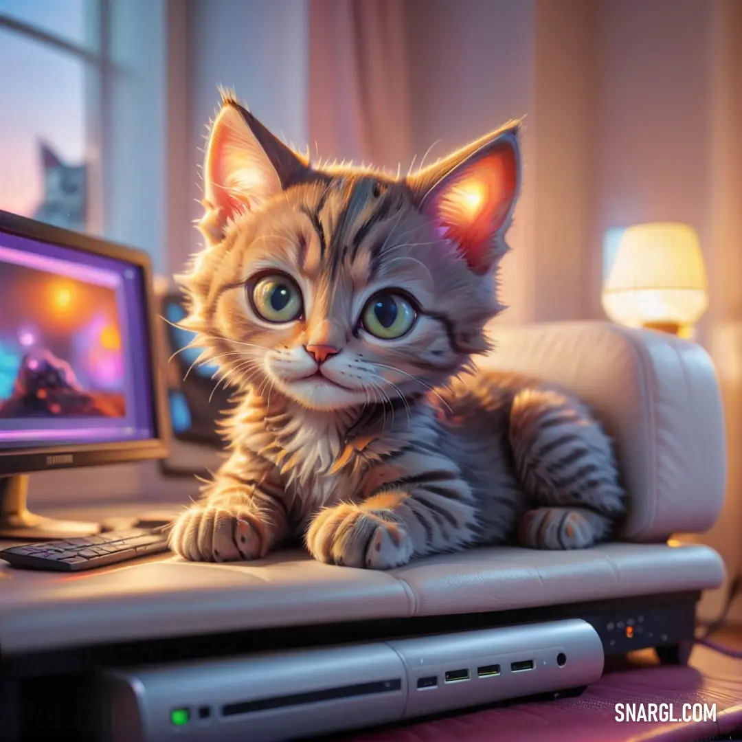 Kitten on a laptop computer keyboard with a monitor on the desk behind it and a lamp on the side