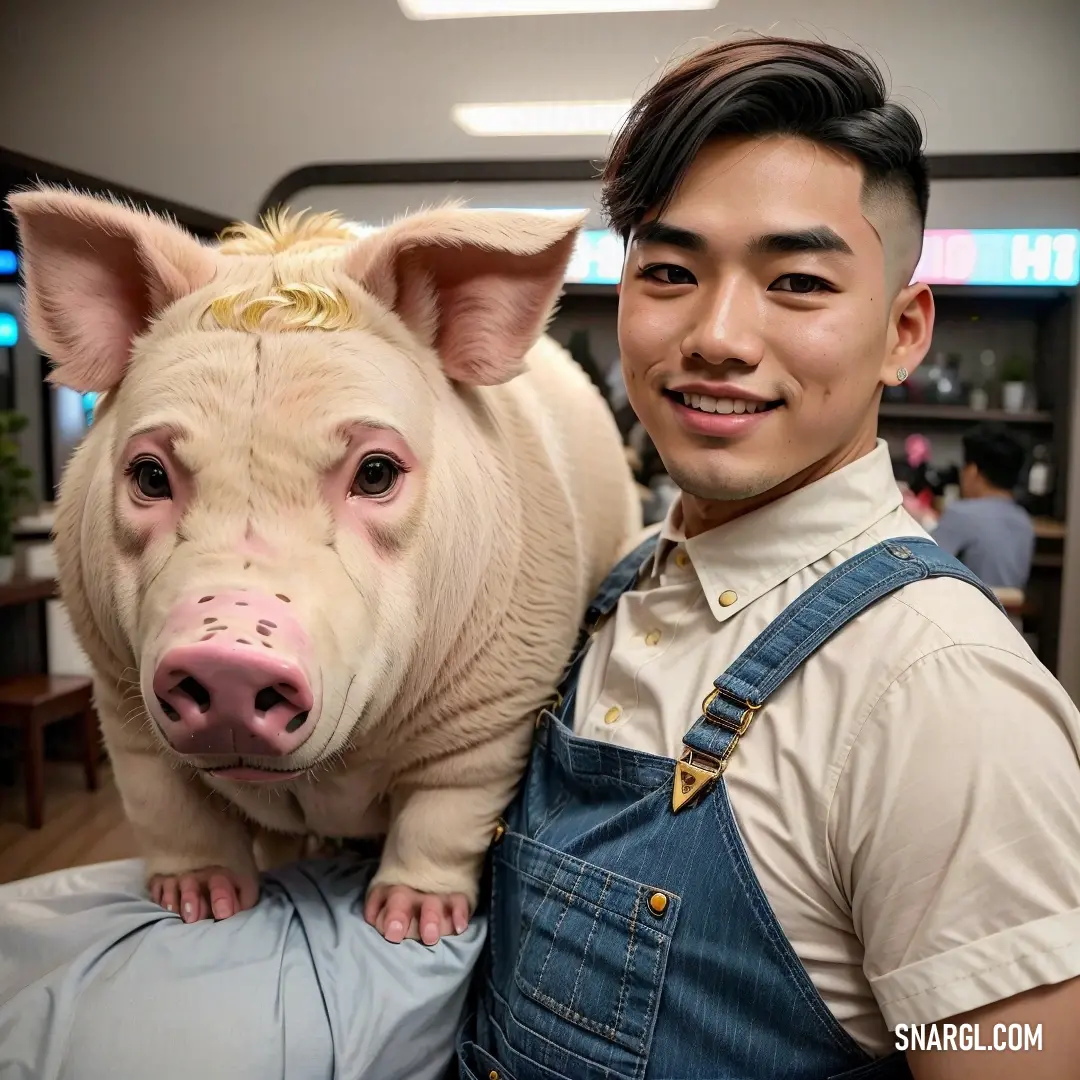 Man holding a pig in his arms in a room with a desk and a television screen in the background. Color Dark Peach.