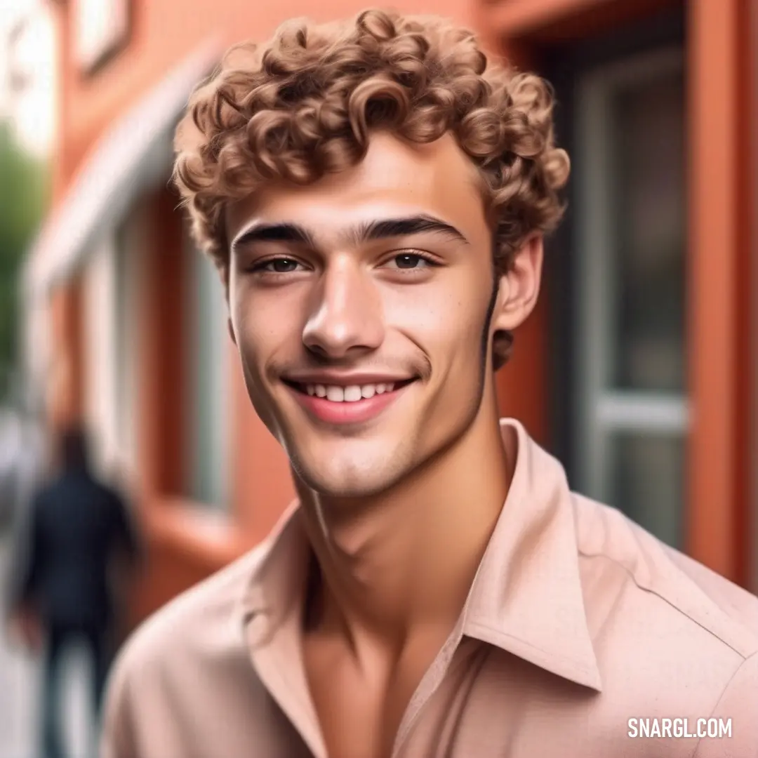 Man with curly hair smiling in front of a building with a man walking by in the background