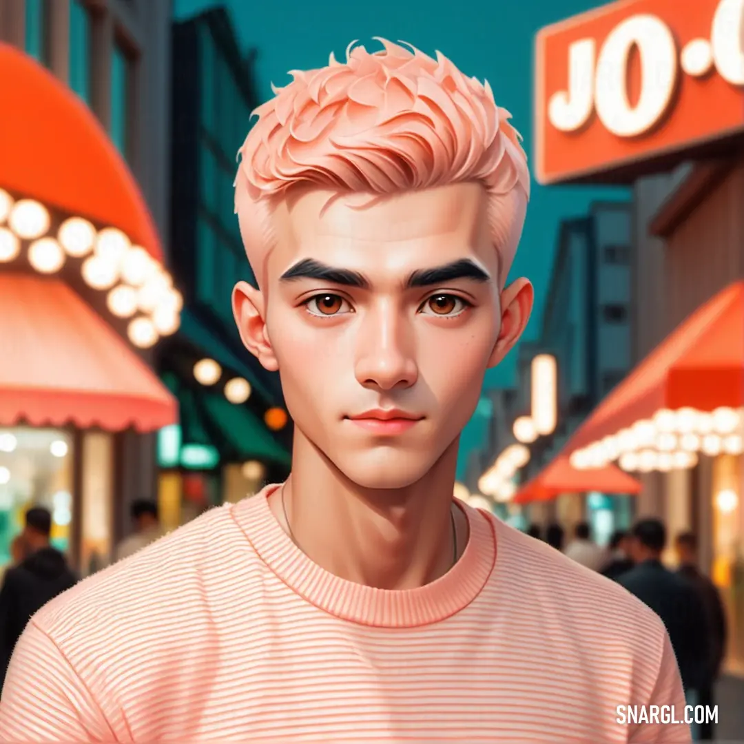 Dark Peach color. Man with pink hair standing in front of a store front with a neon sign on it's side