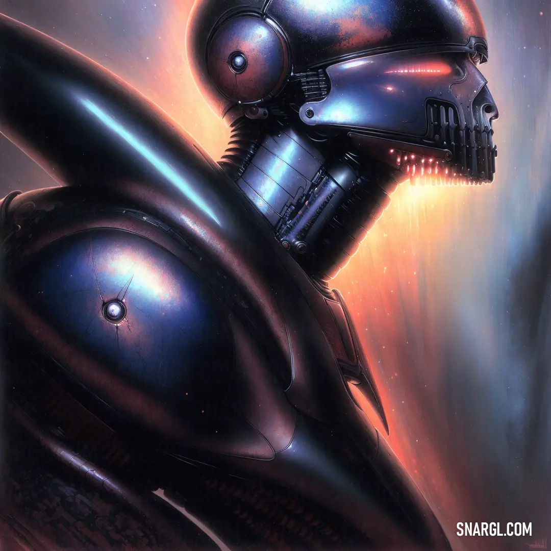 Painting of a robot with a helmet on and a space background with stars and a light beam in the sky