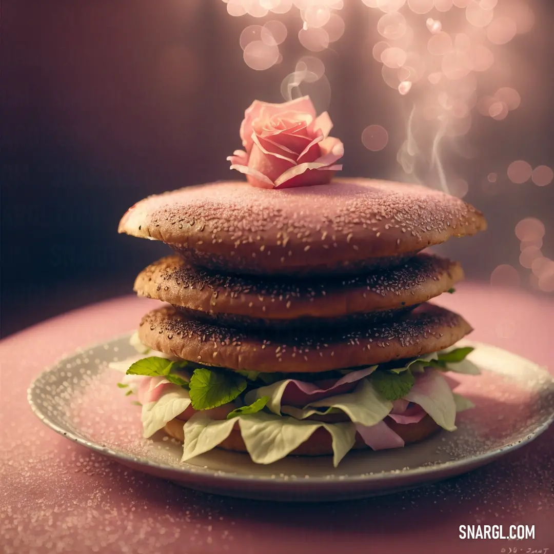 Stack of donuts with a flower on top of them on a plate with a pink background and a pink rose. Example of Dark Peach color.