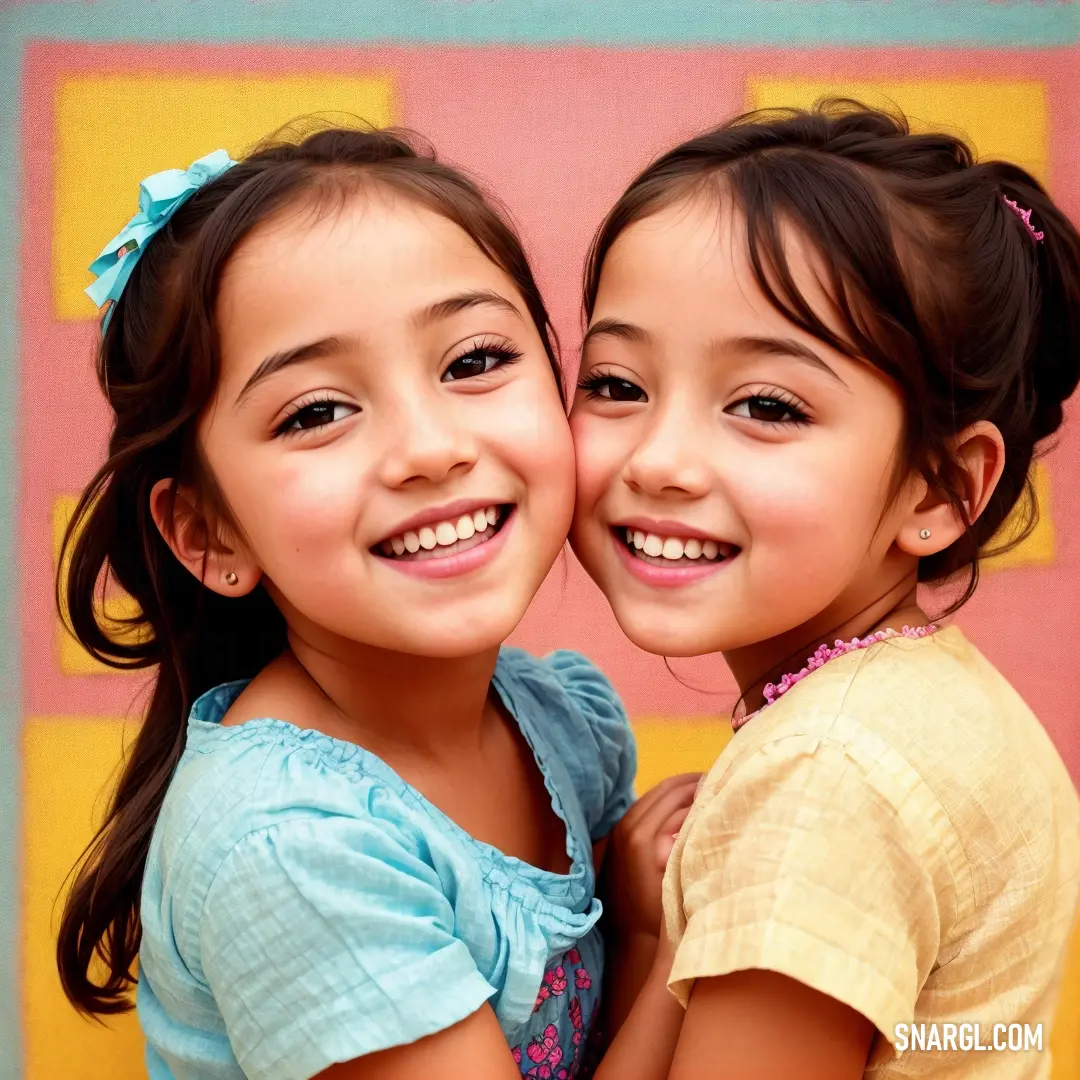 Two little girls are hugging each other in front of a colorful background and smiling for the camera with their arms around each other