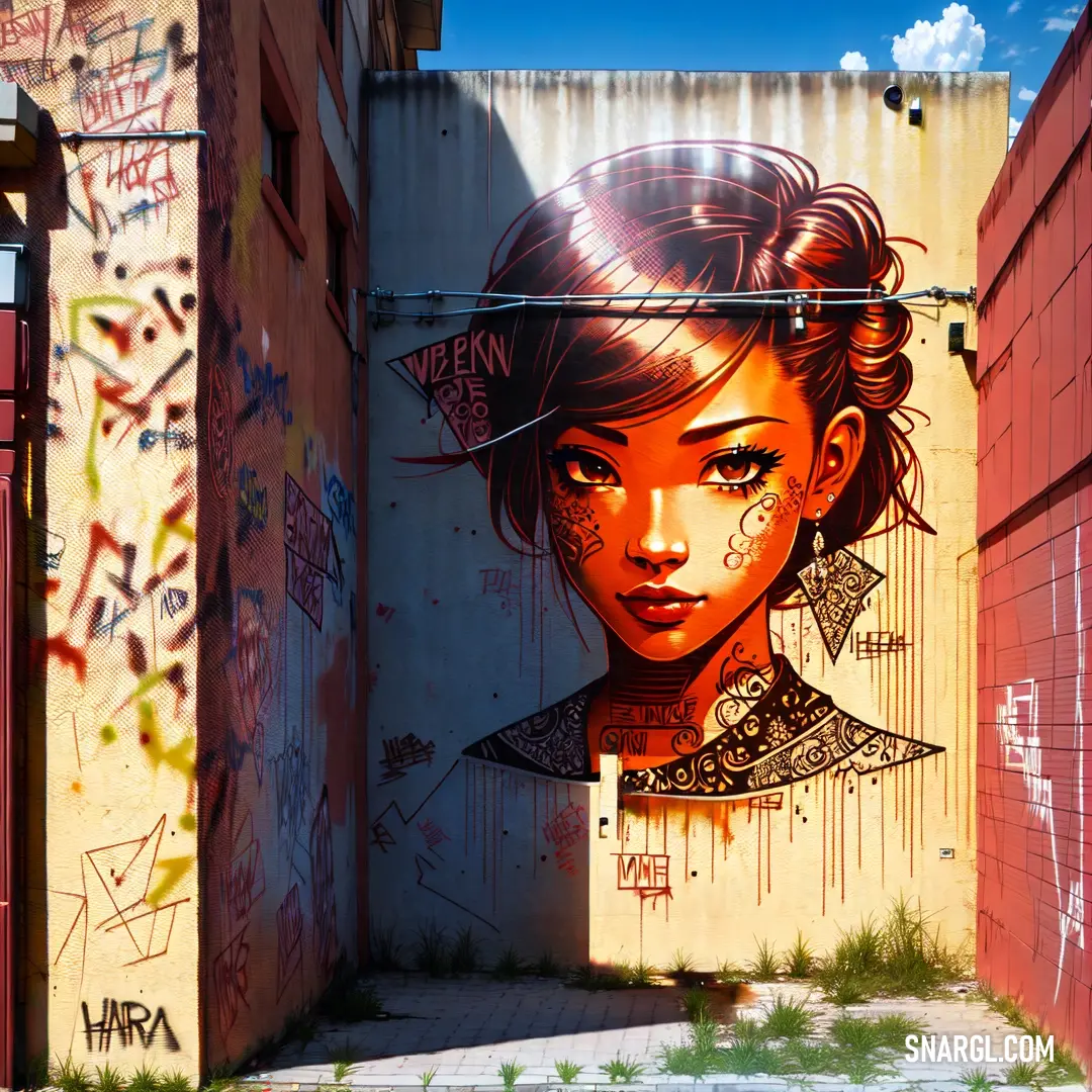 Wall with a picture of a girl on it and a building with graffiti on it and a red door