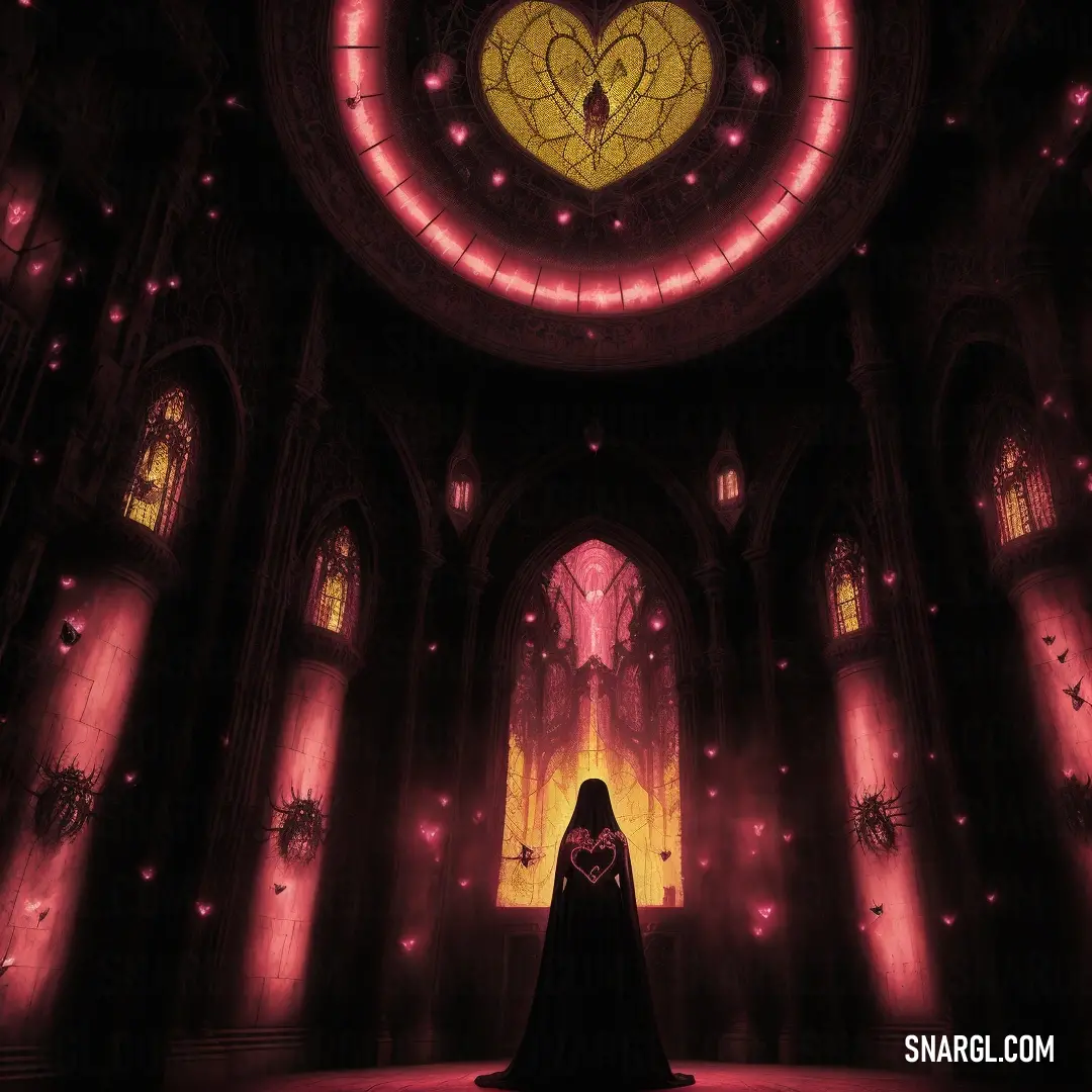 Woman in a black cloak standing in a dark room with a heart shaped window and a red light. Color #DB9785.