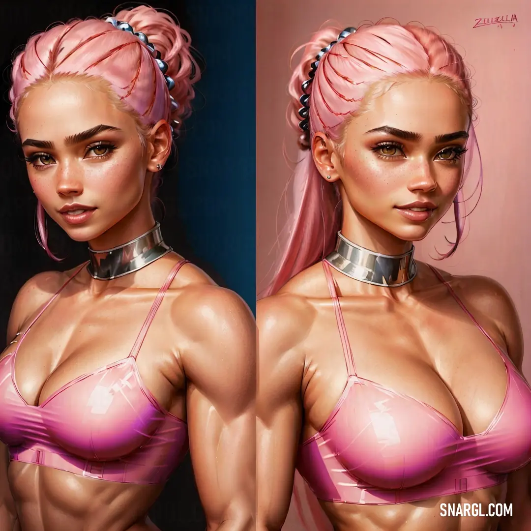Woman with pink hair and a pink bra top is shown in two different pictures