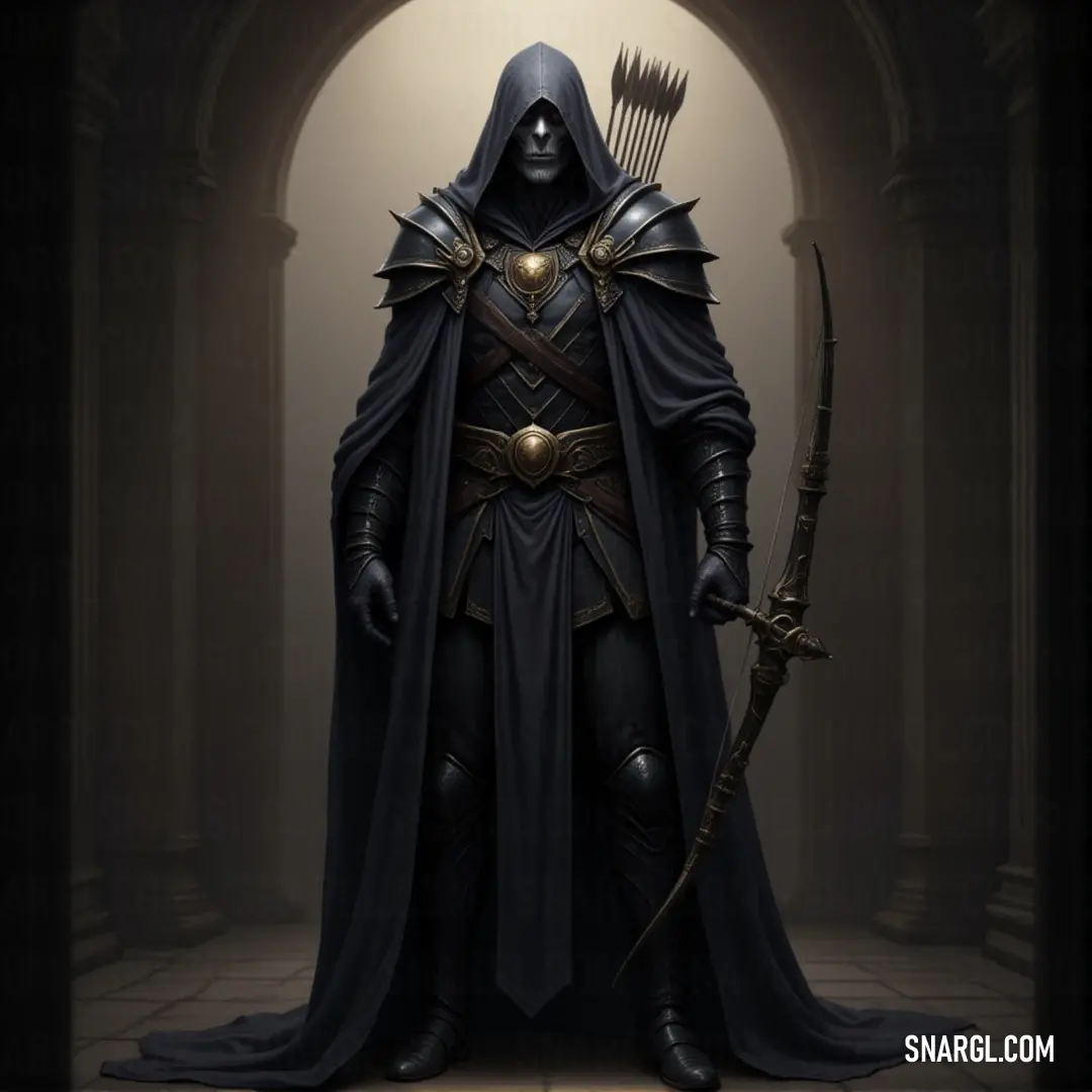 A shadowy dark phantom in a black cloak, preparing to release an arrow, its gaze steady and focused. A dark phantom cloaked in black, poised with a bow in one hand and an arrow in the other. The mysterious figure stands ready, blending with the shadows as it surveys the surroundings with silent precision.