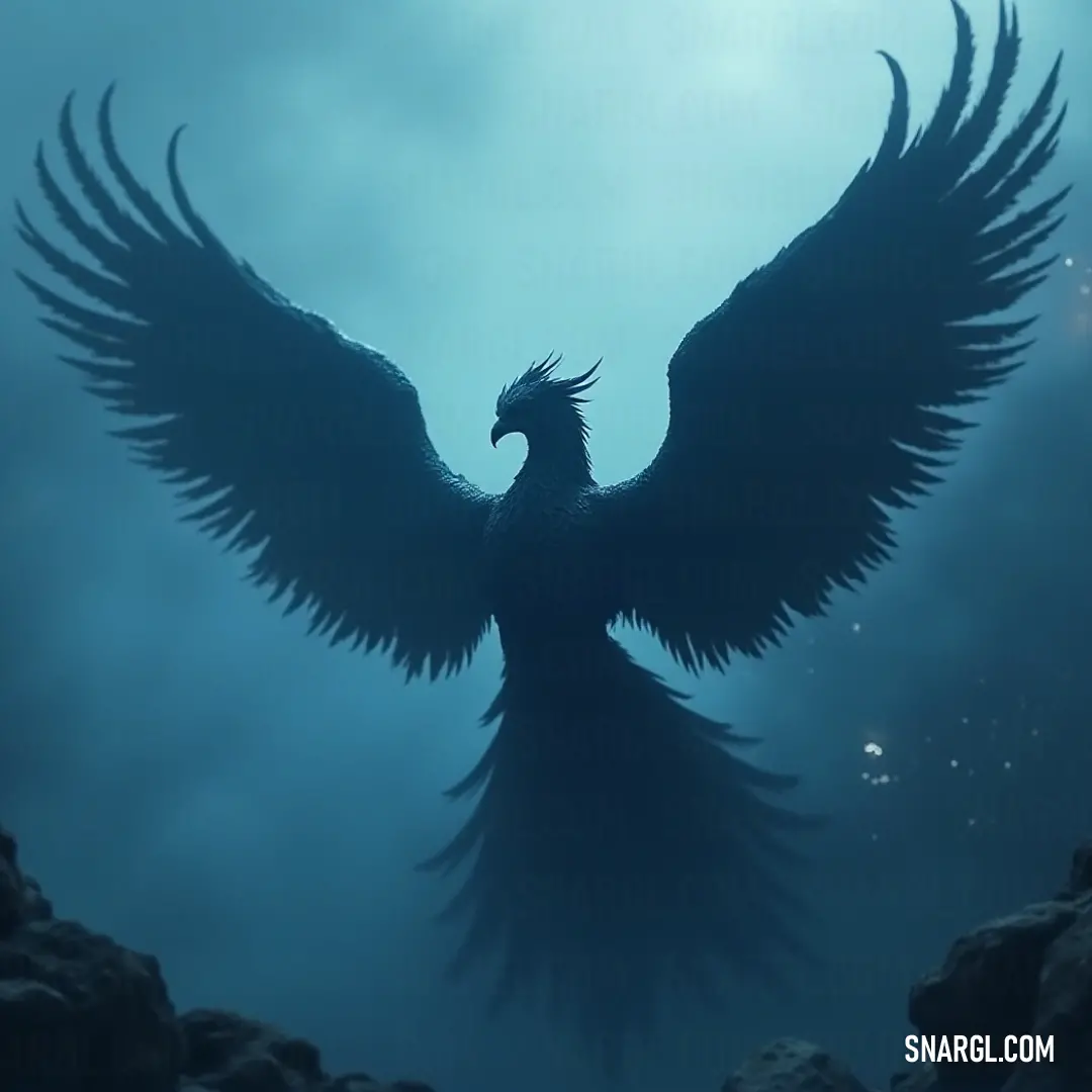 The majestic Dark Phoenix, with large wings spread out in mid-flight, flames flickering from its feathers, as it dominates the sky. A powerful Dark Phoenix, wings spread wide, soars through the air, flames trailing from its wings as it embodies fiery strength and freedom.
