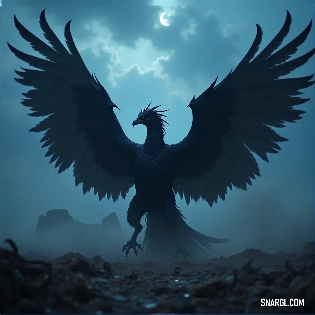 A dark Phoenix, with expansive wings, stands against a rocky backdrop under a full moon, casting an eerie glow over the surrounding landscape. A dark Phoenix, with large, powerful wings, stands on a rocky landscape, the full moon rising behind it, casting an eerie glow across the dark, rugged terrain.