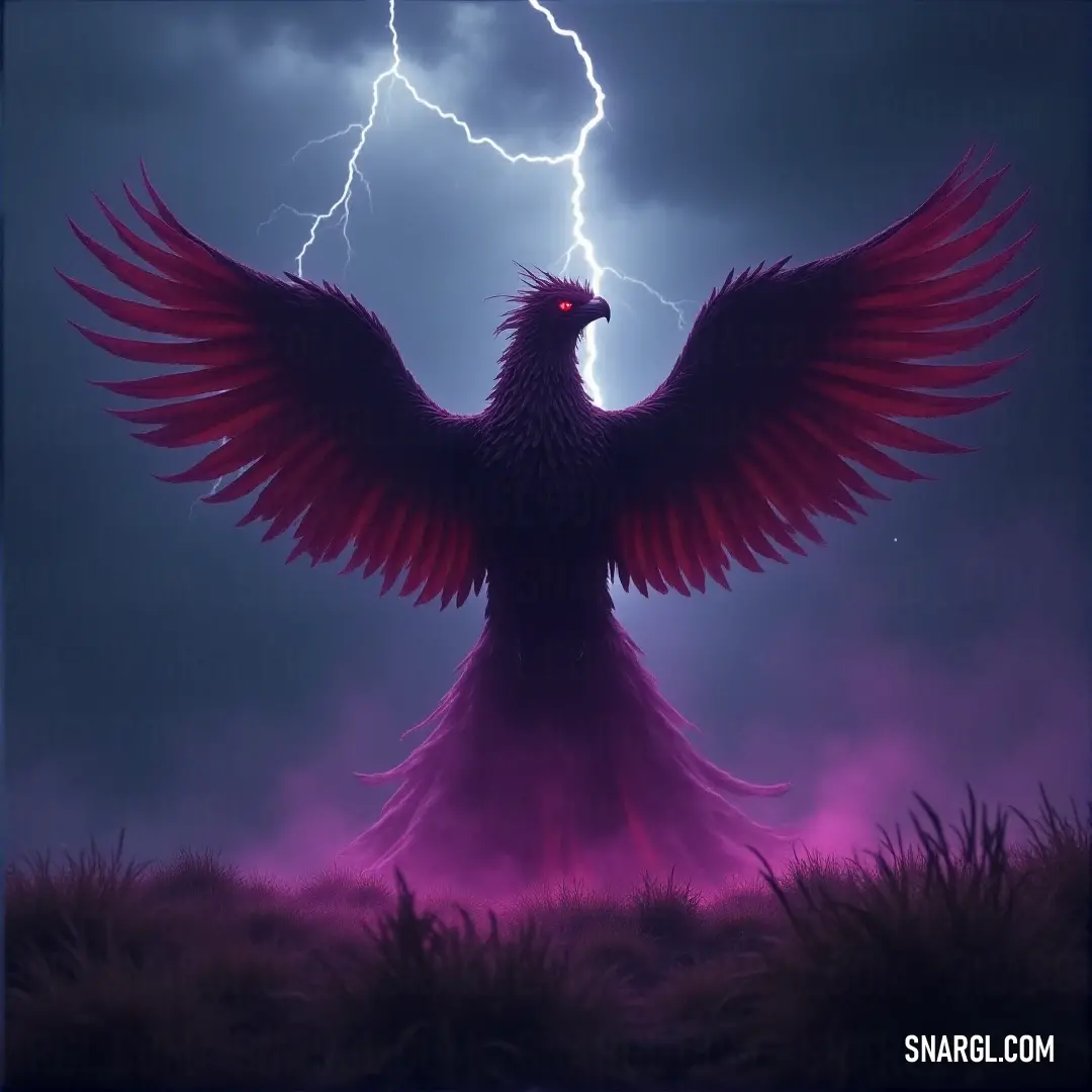 Dark Phoenix flying fiercely through the stormy skies, its red wings crackling with energy as lightning flashes in the background. A Dark Phoenix with intense red feathers and wings soars high in the sky, lightning crackling in the distance as it commands the stormy atmosphere around it.
