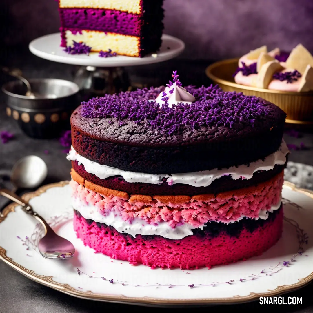 Cake with purple frosting and a slice missing from it on a plate with a fork and spoon. Example of Dark pink color.