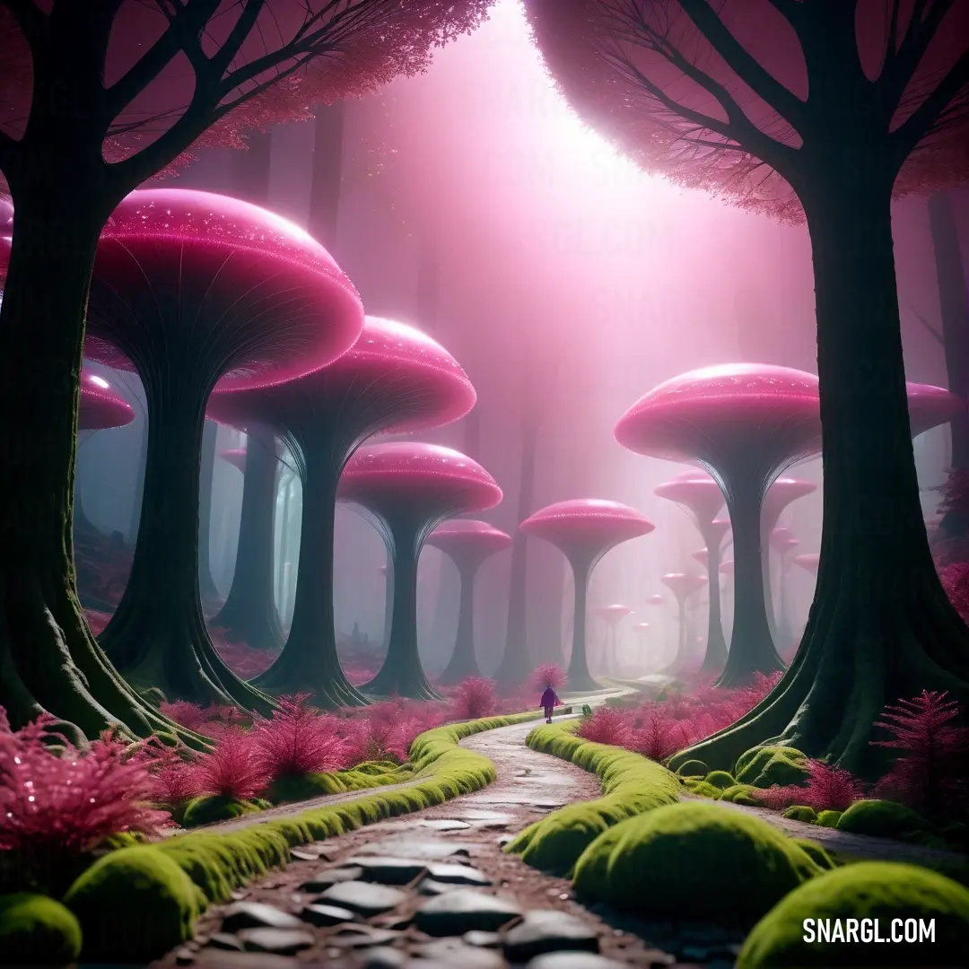 Fantasy forest with pink mushrooms and mossy trees and a path leading to a person standing in the distance. Color RGB 231,84,128.