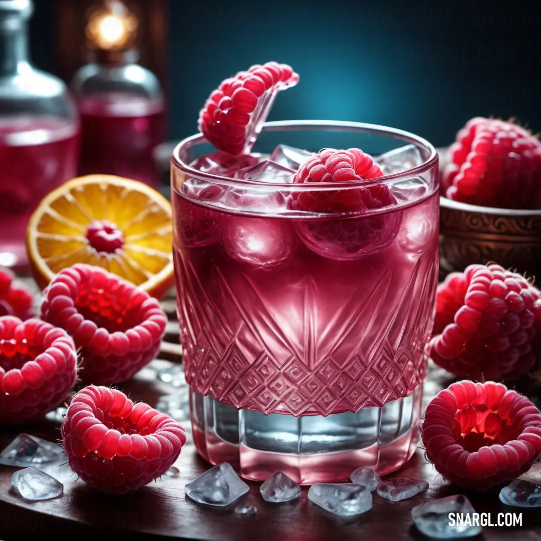 Glass of raspberry punch with ice and raspberries around it on a table with other glasses. Color RGB 231,84,128.