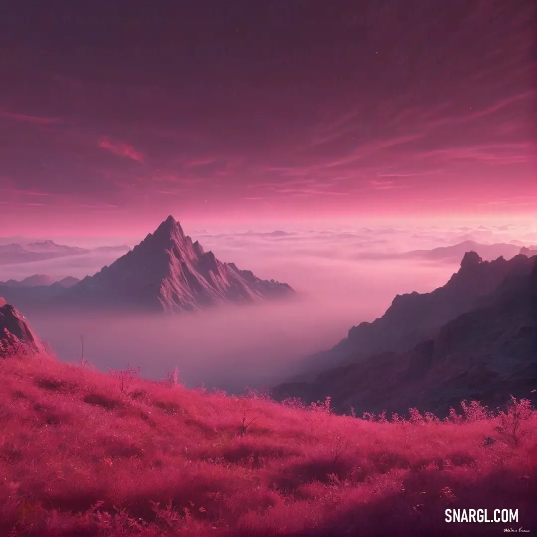 Pink sky with a mountain in the background. Color Dark pink.