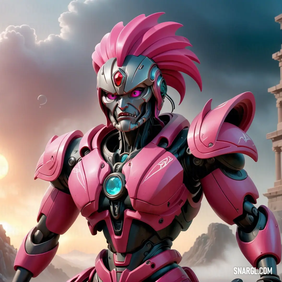Robot with pink hair and a pink helmet on a mountain side with a castle in the background. Example of RGB 231,84,128 color.