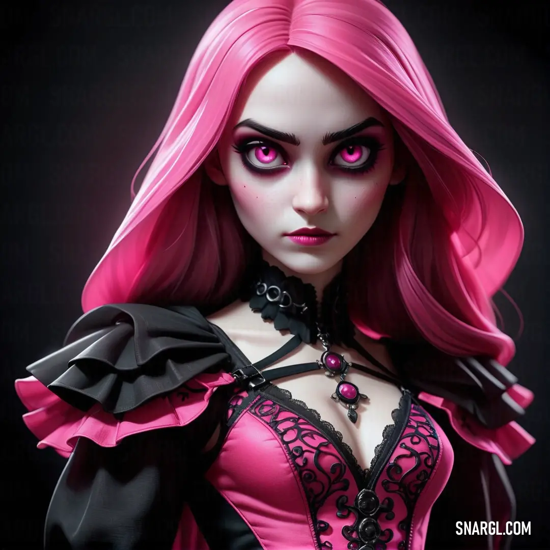 Dark pink color. Doll with pink hair and black dress with pink eyes and pink hair and black collar and collared shirt
