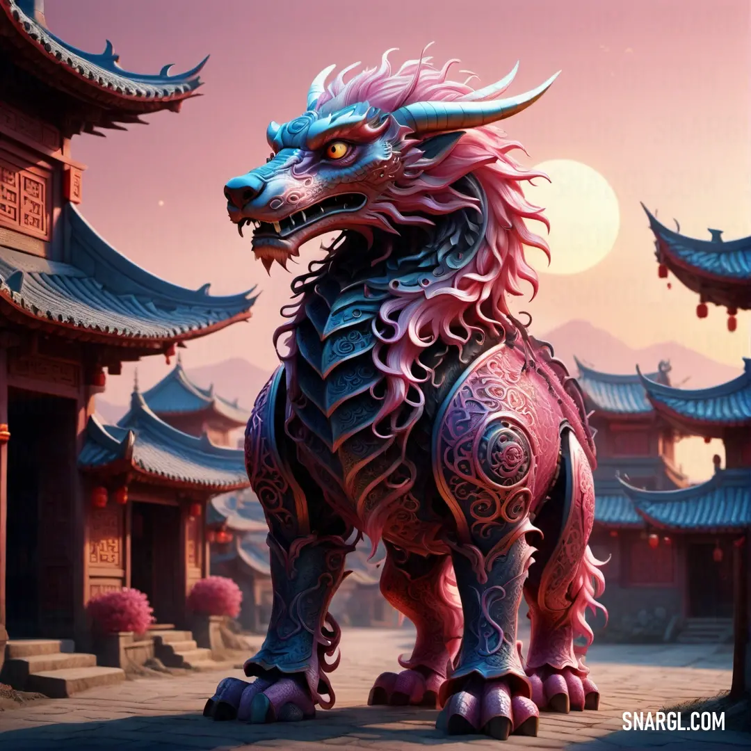 Dragon statue is standing in front of a building with a full moon in the background and a pink sky. Example of RGB 231,84,128 color.