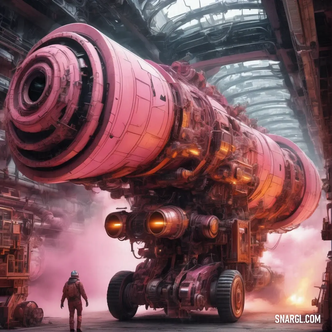 Giant pink object with a man standing next to it in a large building with a huge pipe on it. Color Dark pink.