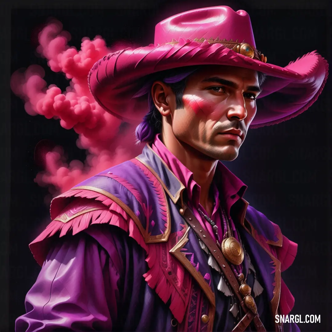 Dark pink color example: Man in a purple hat and purple shirt with a pink smoke cloud behind him and a black background