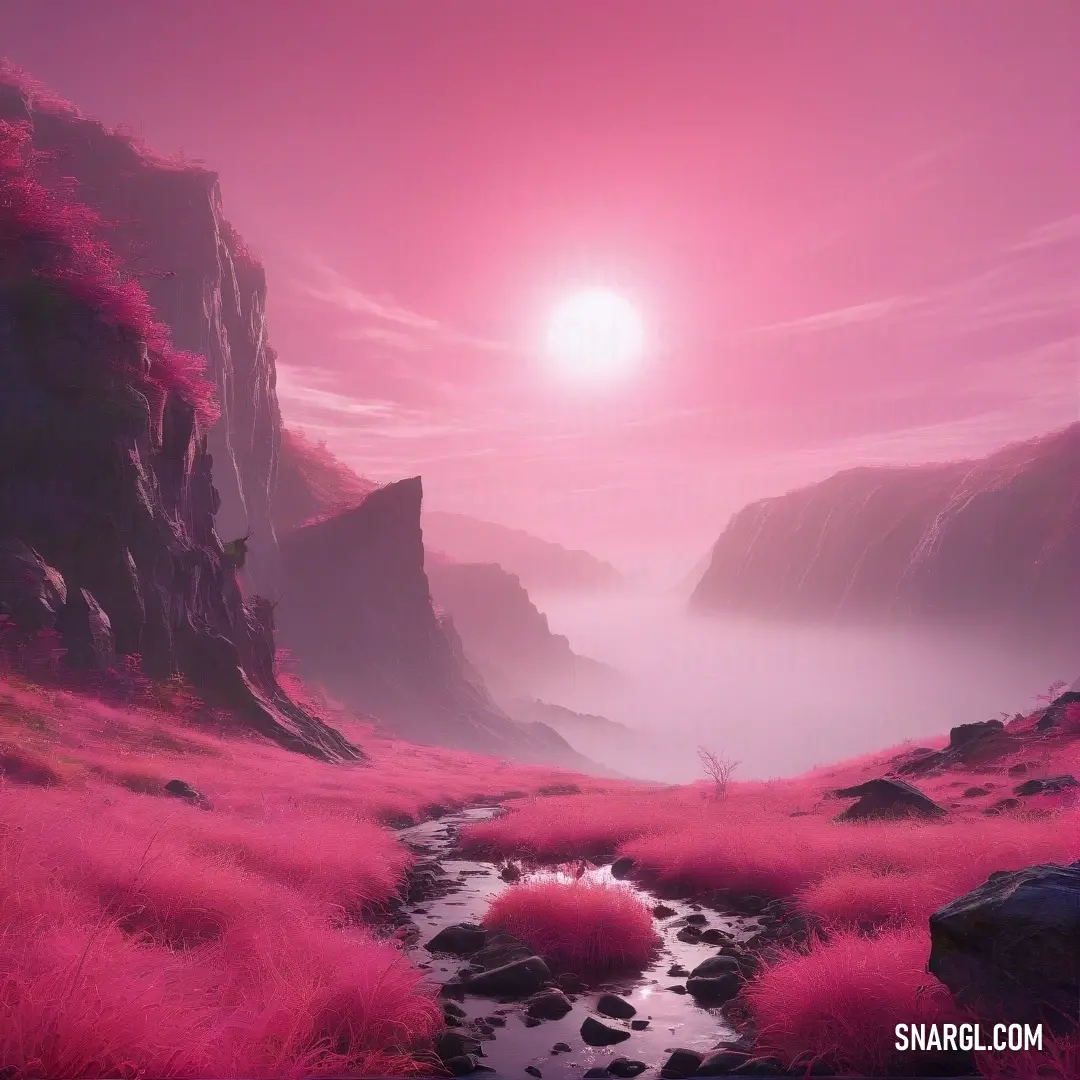 Dark pink color. Pink landscape with a stream running through it and a bright sun in the background