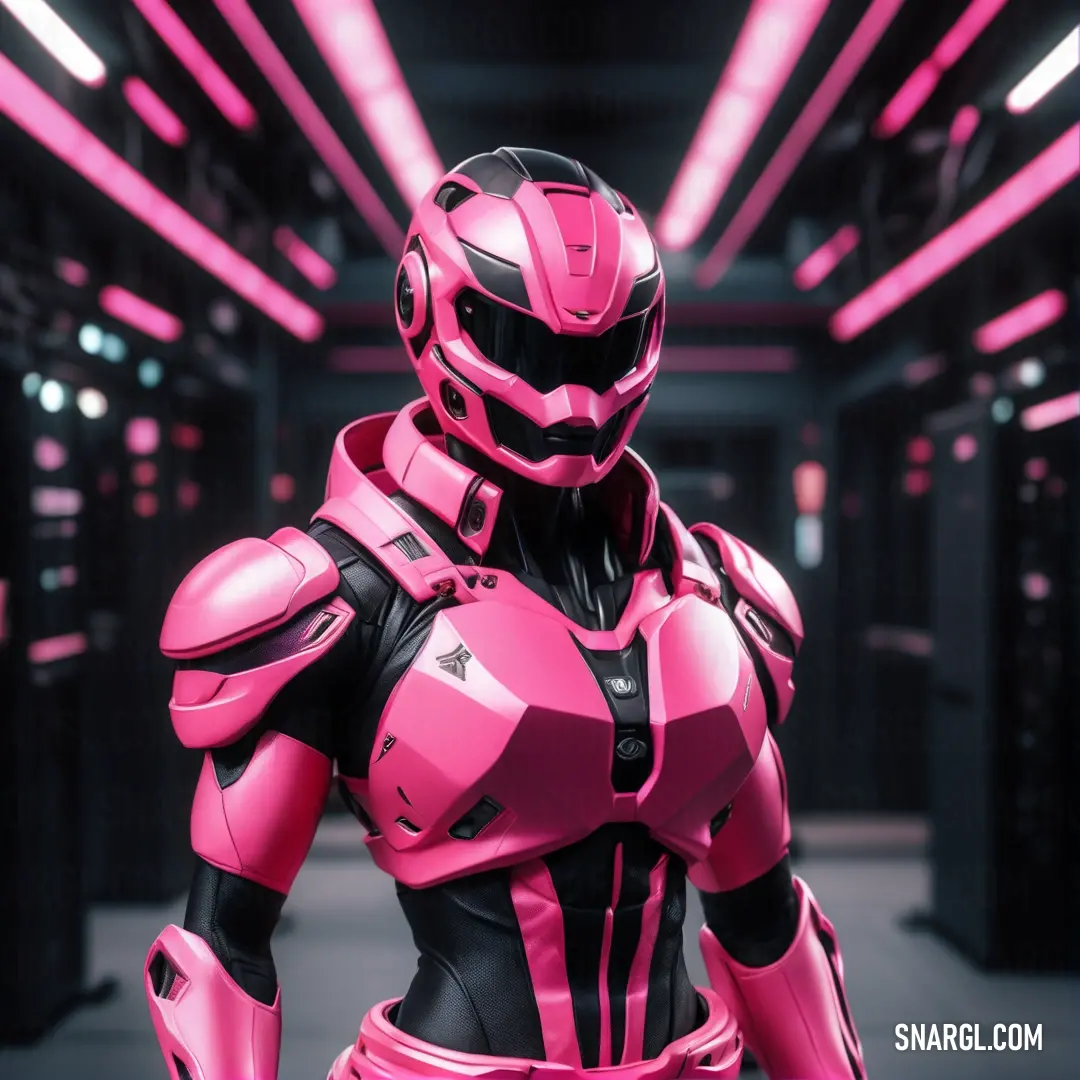 Pink robot standing in a room with neon lights on the ceiling and a black suit on the chest. Color #E75480.