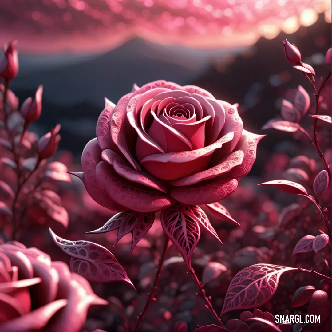 Pink rose is in the middle of a field of flowers with a pink sky in the background
