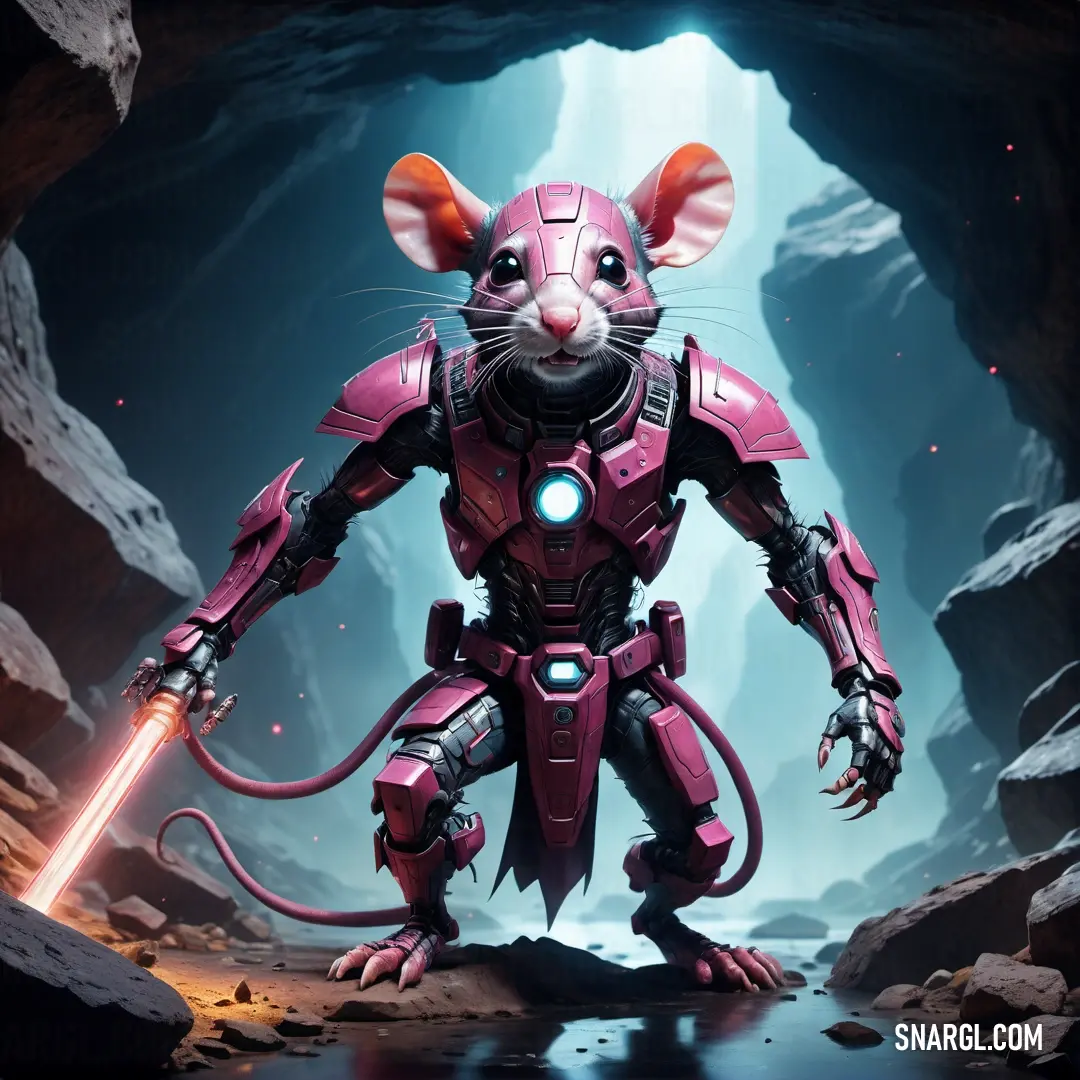 Rat in a futuristic suit holding a light saber in a cave