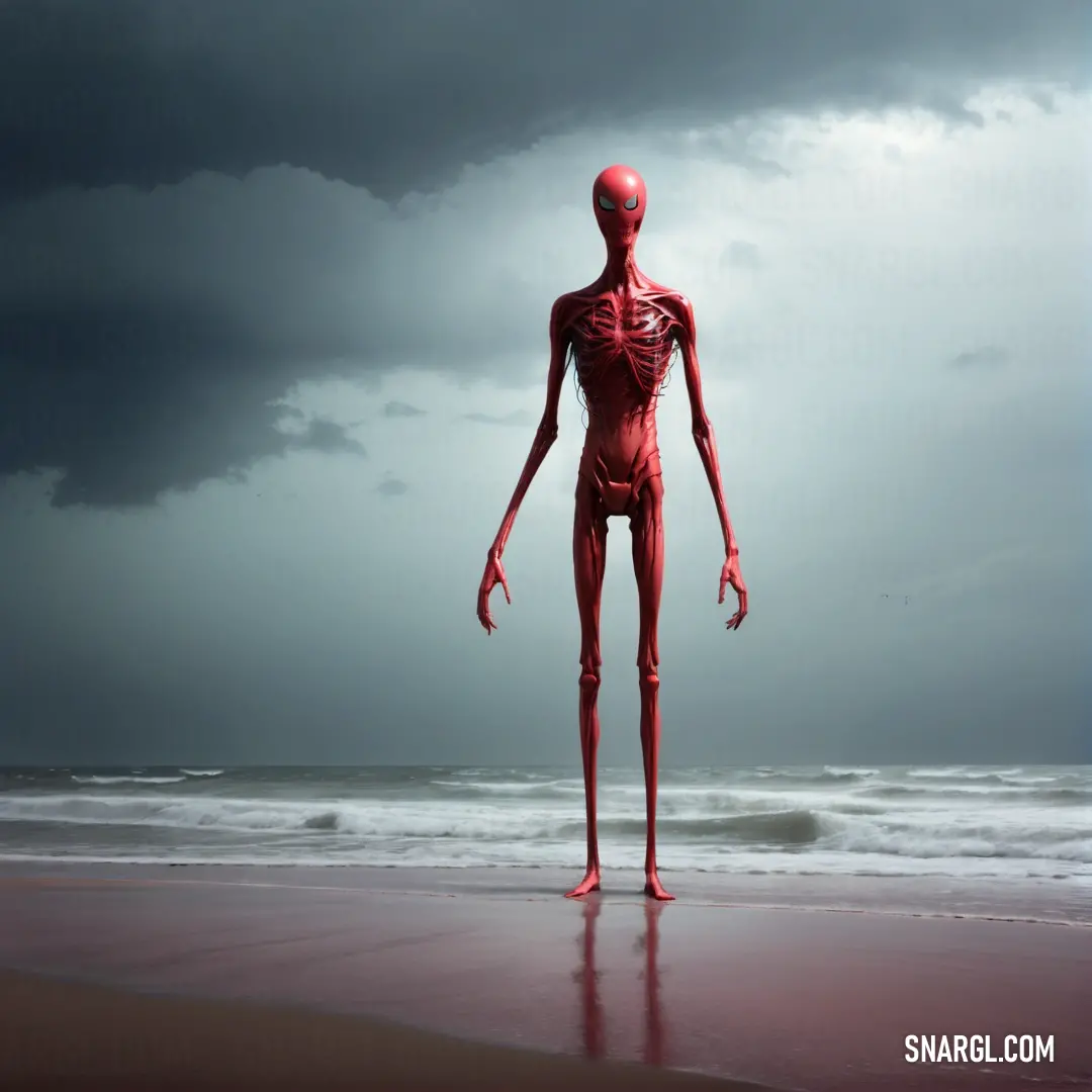 Red human figure standing on a beach next to the ocean under a cloudy sky with dark clouds above. Color Dark pink.