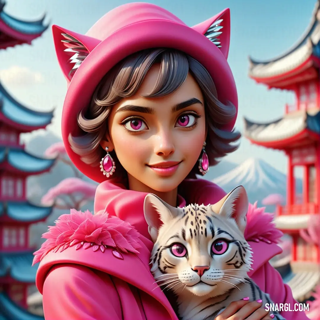 Woman in a pink coat holding a cat in her arms and a pagoda in the background