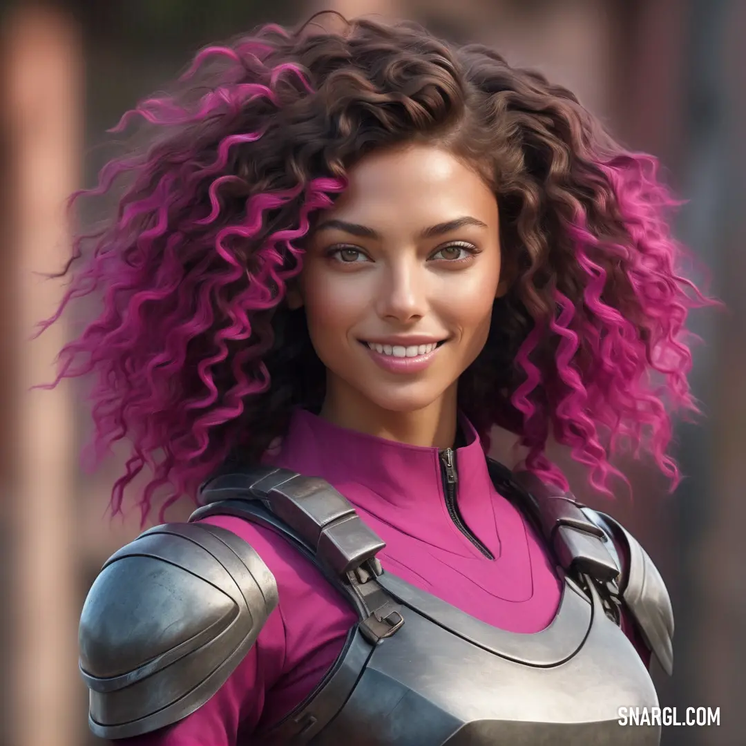 Woman with pink hair and a pink shirt and armor on her chest. Color #E75480.