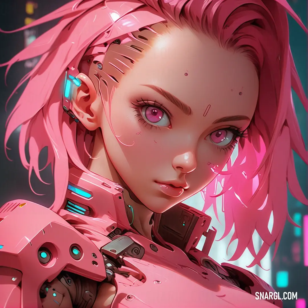 Woman with pink hair and a pink robot suit holding a pink gun in her hand and looking at the camera