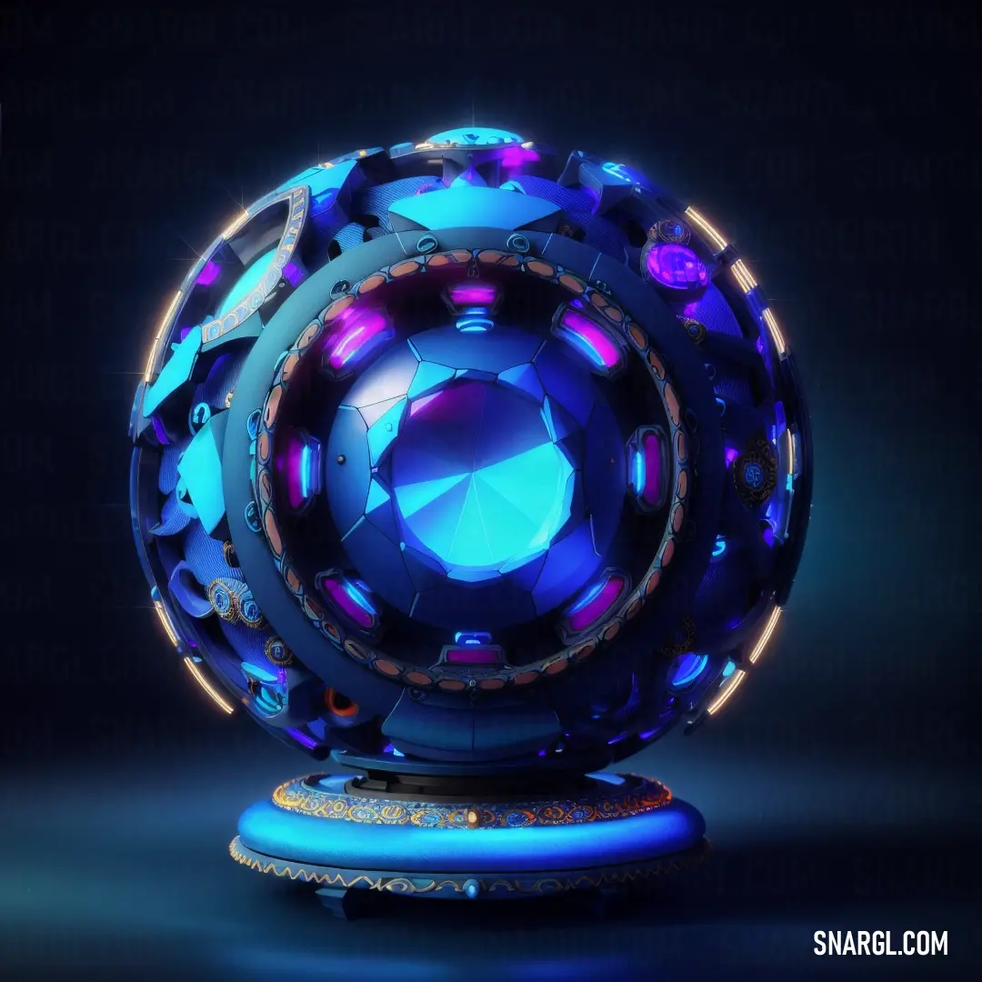 Blue ball with a lot of lights around it on a stand on a dark background with a blue light. Example of Dark powder blue color.