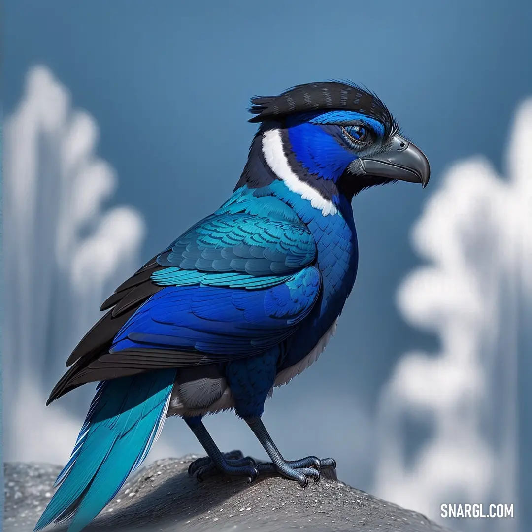 Blue bird with a black head and white chest on a rock with a blue sky in the background